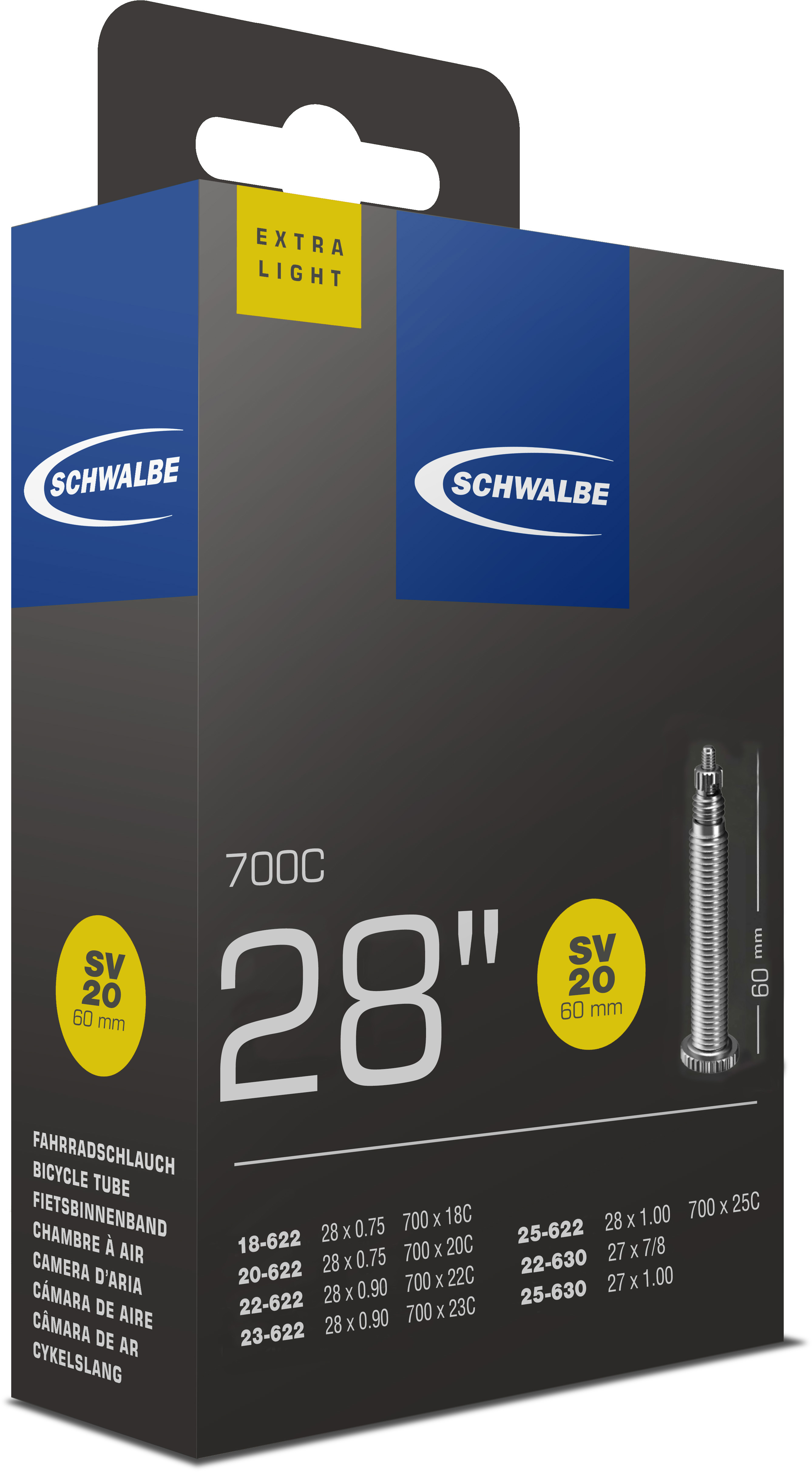 SCHWALBE duše 28", 18/25-622/630, SV 60 mm, EXTRALIGHT, BUTYL, 70 g