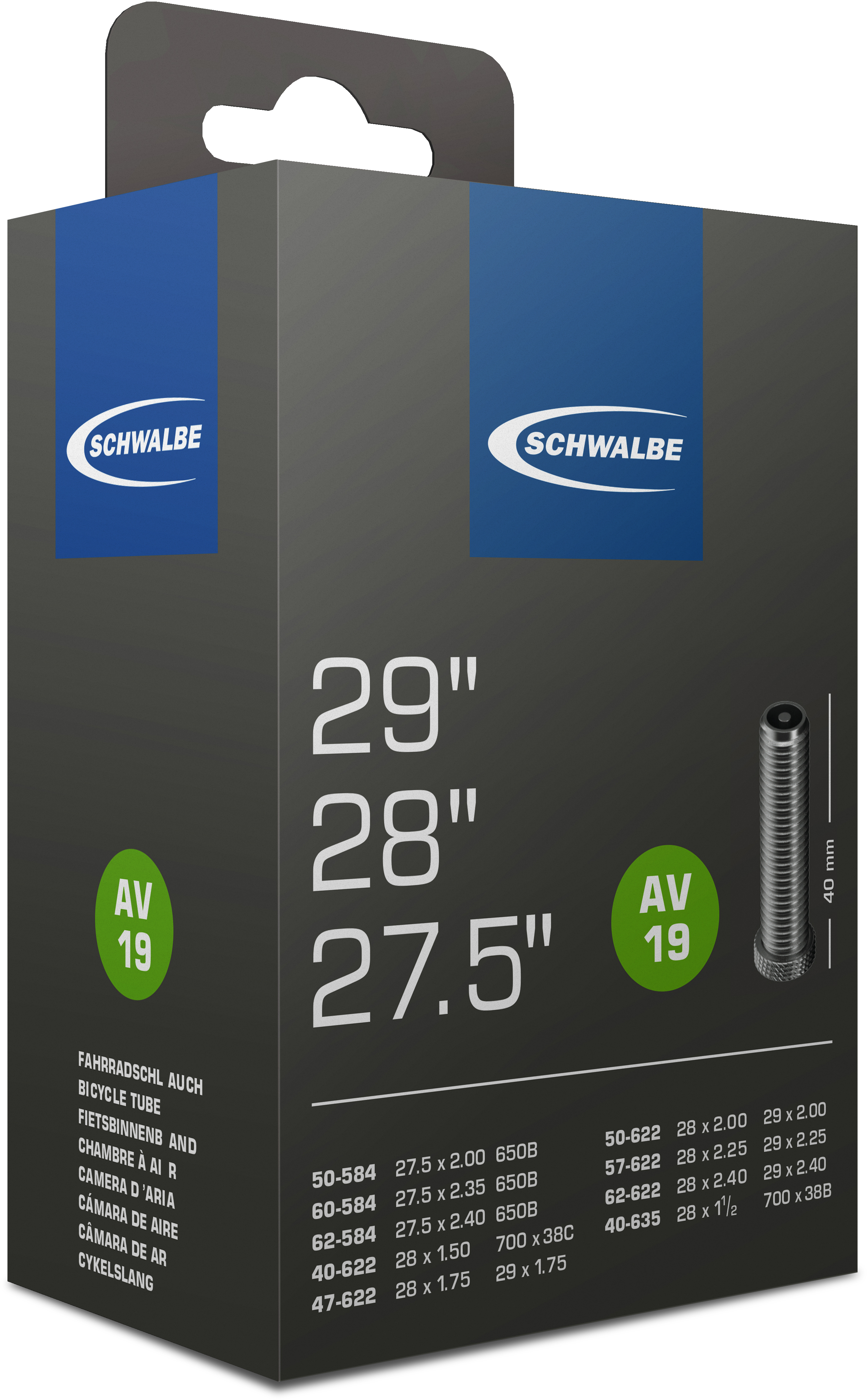 SCHWALBE duše UNIVERZÁLNÍ 27.5"/28"/29", 40/62-584/635, AV 40 mm, STANDARD, BUTYL, 220 g
